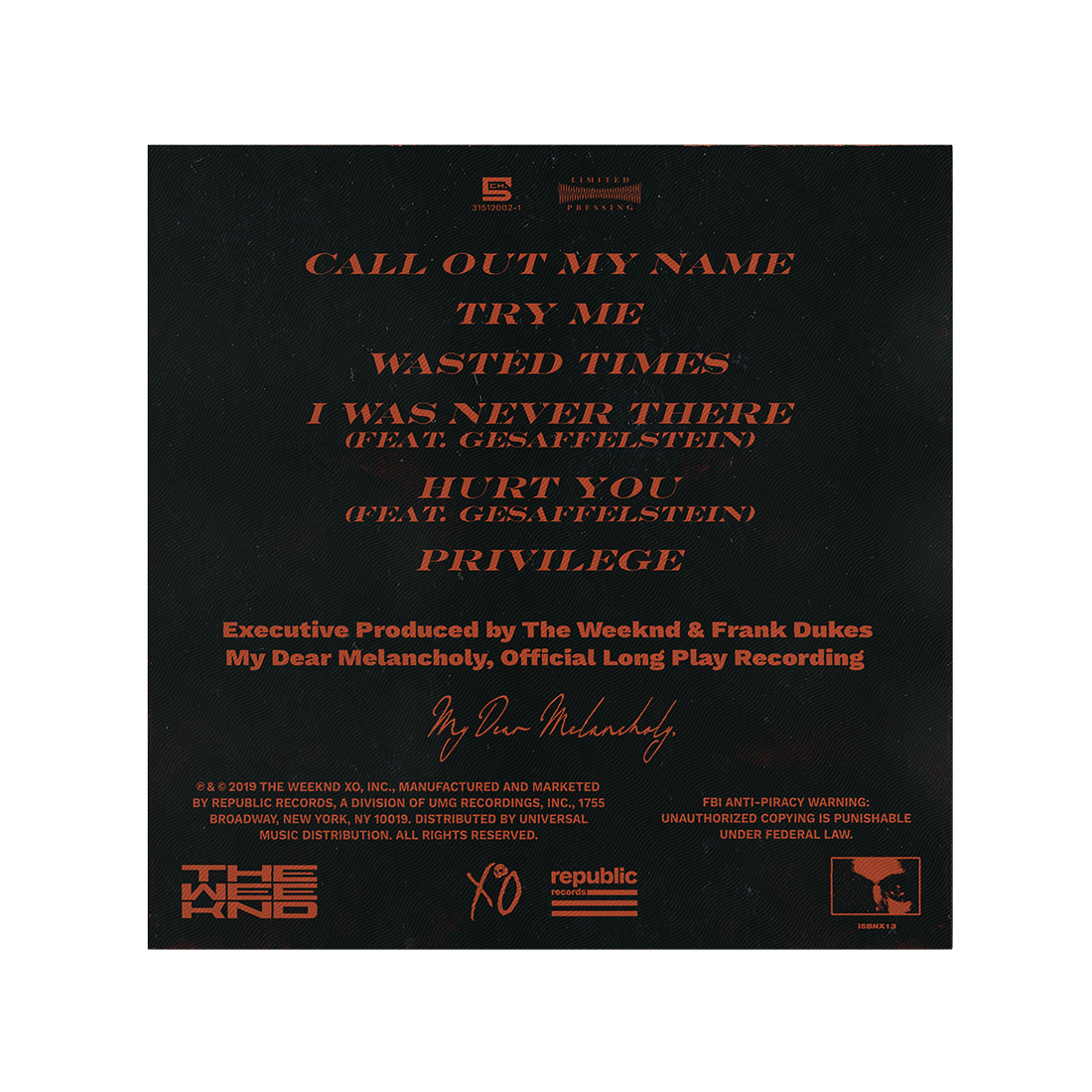 MY DEAR MELANCHOLY, LP BACK